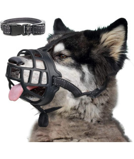 Dog Muzzle, Soft Silicone Basket Muzzle For Dogs, Allows Panting And Drinking, Prevents Unwanted Barking Biting And Chewing, Included Collar And Training Guide