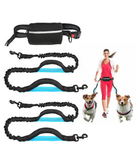 Double Dog Leash Hands Free Dog Leash For 2 Dogs Waist Dual Dog Leash For Walking Running Hiking Comfortable Shock Absorbing Reflective Bungee 360Aswivel Pouch (Dual-Baby Blue)
