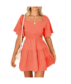 Shy Velvet Womens Summer Dress Square Neck Short Sleeves Crossover Waist Casual Party Mini Dress Orange