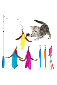 Vovamo Cat Toys Wand For Indoor Cat1Pcs Retractable Cat Wand Toy And 3Pcs Cat Feather Toys Refills1Pcs Fish Teaser And 2Pcs Worms,Interactive Kitten Fishing Pole Gift To Exercise Play