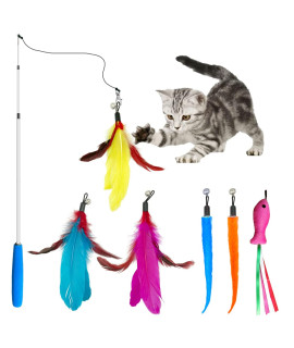 Vovamo Cat Toys Wand For Indoor Cat1Pcs Retractable Cat Wand Toy And 3Pcs Cat Feather Toys Refills1Pcs Fish Teaser And 2Pcs Worms,Interactive Kitten Fishing Pole Gift To Exercise Play