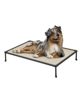 Veehoo Medium Elevated Dog Bed - Chewproof Cooling Raised Dog Cots Beds, Outdoor Metal Frame Pet Training Platform With Skid-Resistant Feet, Breathable Textilene Mesh, 32 X 25 X 7 Inch, Beige Coffee