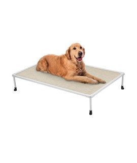 Veehoo Large Elevated Dog Bed - Chewproof Cooling Raised Dog Cots Beds, Outdoor Metal Frame Pet Training Platform With Skid-Resistant Feet, Breathable Textilene Mesh, 42 X 30 X 7 Inch, Beige Coffee