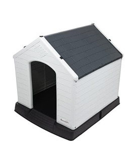 Outdoor Indoor Dog House - Includes Raised Floor, Air Vents - (L40in x W38in) - Durable Waterproof Pet Shelter for (Medium - Large Pets) - Portable Dog Home - Easy to Assemble with Grounding Pins