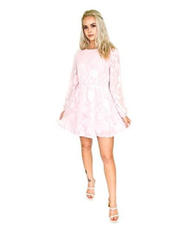KAJ Women Hook Loop Back Long Sleeve Circle Neck Floral Ruffle Dress Elastic Waist Casual Mini Dress Pink