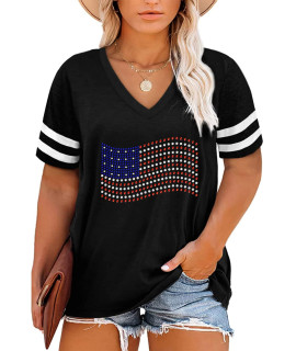 Happy Sailed Womens Plus Size American Flag Graphic Tops Oversized V Neck Striped Short Sleeve Basic Tshirts,2X Black