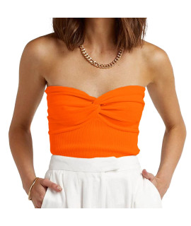 Womens Strapless Crop Top Sexy Sweetheart Neck Ribbed Knit Twisted Knot Front Sleeveless Y2K Camisoletanks Top Orange