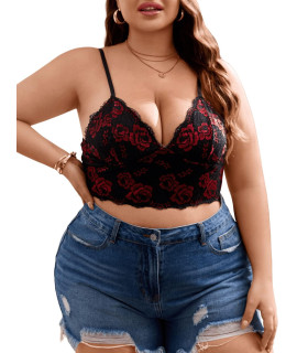 Soly Hux Womens Plus Size Sexy Floral Lace Scalloped Trim Wireless Bra Adjustable Strap V Neck Everyday Bralette Floral Lace Black 3Xl