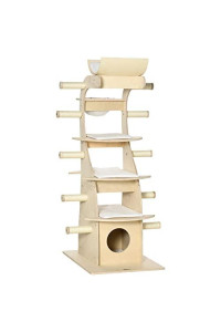 PawHut 63" Cat Tree Kitty Activity Center Wooden Cat Climbing Toy Pet Furniture with Multiple Perches Cat Condo Cushions Sisal Scratching Post, Beige