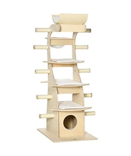 PawHut 63" Cat Tree Kitty Activity Center Wooden Cat Climbing Toy Pet Furniture with Multiple Perches Cat Condo Cushions Sisal Scratching Post, Beige