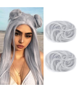 Reecho 2 Pcs Mini Claw Clip In Messy Cat Ears Hair Bun Extensions Wig Accessory Updo Hairpieces For Women Girls (Pack Of 2-35 Wavy, Silver Grey)