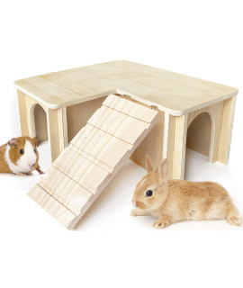 Chngeary Guinea Pig Hideout and House: Multi Chamber Wooden Guinea Pig Castle with Ladder, Cage Accessories for Chinchilla Dwarf Rabbits Hamster Bunny and Others
