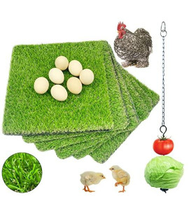 XMxoTxo 6+1 Pack Chicken Nesting Box Pads with Vegetable Skewer String Feeder, Washable Nesting Pads for Chicken Coop, Artificial Grass Rug Carpet Synthetic Turf Mat - 12"x12"x0.78"