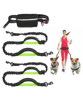 Double Dog Leash Hands Free Dog Leash For 2 Dogs Waist Dual Dog Leash For Walking Running Hiking Comfortable Shock Absorbing Reflective Bungee 360Aswivel Pouch(Dual Green)