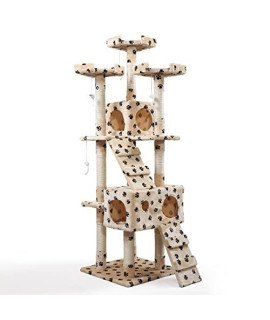 66" Multi-Level Cat Tree with Paws Pattern, Scratching Posts, Kitten Activity Tower with 3 Perches - Beige XH
