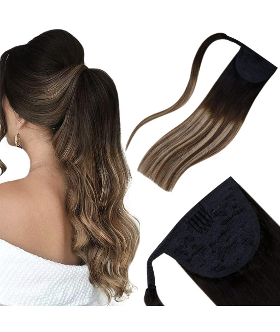 Laavoo Ponytail Extension Human Hair Balayage Off Black To Brown With Blonde 70G 12Inch Wrap Around Ponytail Human Hair Brown Ponytail Extension Straight Hair