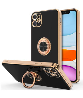 Hython Case For Iphone 11 Case With Ring Stand 360A Rotatable Ring Holder Magnetic Kickstand] Support Car Mount] Plating Rose Gold Edge Slim Soft Flexible Tpu Luxury Phone Case Cover, Black