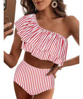 Vimpunec Ruffle One Shoulder Swimsuits For Women Cute High Waisted Two Piece Bathing Suits