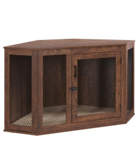 Unipaws Furniture Corner Dog Crate With Cushion Dog Kennel With Wood And Mesh Dog House Pet Crate Indoor Use Perfect For Limited Room (Large Walnut)