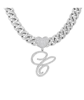 Blbljery C Initial Necklaces Silver Cuban Link Chain For Women Iced Out Chain With Heart Letter Pendants Custom Chain Name Necklace Hip Hop Jewelry Gift