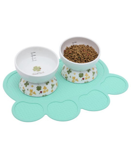 D'oramie Elevated Cat Bowls 13.5oz with Silicone Feeding Mat Raised Cat Food and Water Bowls Tilted Porcelain Small Dog Pet Bowl with Waterproof Green Mat 2 Packs Cat FeedingSupplies-Lucky Pet