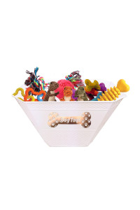 Metal Indestructible Dog Toy Bin - Galvanized Accessory Storage Bin with Handles, Organizer Storage Basket for Pet Toys, Blankets, Leashes - Pawprint Design Home Decor (White Diamond-Shaped)