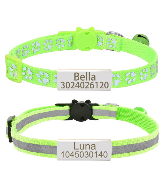 Personalized 2 Pack Reflective Cat Collar,Custom Breakaway Cat Collars With Name Tag And Bell,Anti-Lost Nameplate Cat Collar For Girls Boys (Yg Green,Fit 8-110)