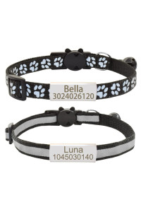 Personalized 2 Pack Reflective Cat Collar,Custom Breakaway Cat Collars With Name Tag And Bell,Anti-Lost Nameplate Cat Collar For Girls Boys (Black,Fit 8-110)