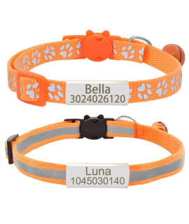 Personalized 2 Pack Reflective Cat Collar,Custom Breakaway Cat Collars With Name Tag And Bell,Anti-Lost Nameplate Cat Collar For Girls Boys(Orange,Fit 8-110)