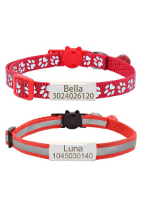 Personalized 2 Pack Reflective Cat Collar,Custom Breakaway Cat Collars With Name Tag And Bell,Anti-Lost Nameplate Cat Collar For Girls Boys (Red,Fit 8-110)