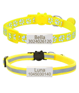 Personalized 2 Pack Reflective Cat Collar,Custom Breakaway Cat Collars With Name Tag And Bell,Anti-Lost Nameplate Cat Collar For Girls Boys (Yellow,Fit 8-110)