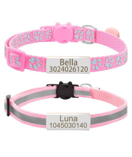 Personalized 2 Pack Reflective Cat Collar,Custom Breakaway Cat Collars With Name Tag And Bell,Anti-Lost Nameplate Cat Collar For Girls Boys (Pink,Fit 8-110)