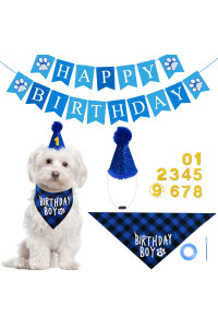 Pet Dog Birthday Party Supplies - Boy Dog Birthday Bandana With Dog Birthday Party Hat, Dog Happy Birthday Banner And Numbers For Puppy Small Medium Large Dogs Pets