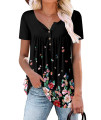 Short Sleeve Summer Shirts For Women Flower Print Scoop Henley V Neck Blouse Ladies Black Flower Shirts L