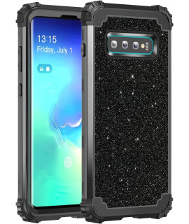Casetego Compatible With Galaxy S10 Case,Floral Three Layer Heavy Duty Sturdy Shockproof Soft Silicone Rubberhard Plastic Bumper Protective Cover Case For Samsung Galaxy S10,Shiny Black