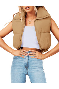Merokeety Womens Crop Puffer Vest Lightweight Stand Collar Sleeveless Zip Up Padded Gilet Coat,Khaki,M