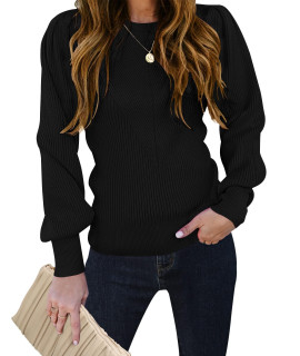 Tecrew Womens Puff Sleeve Crew Neck Pullover Sweater Casual Cozy Knit Slim Jumper Tops, Black, X-Large