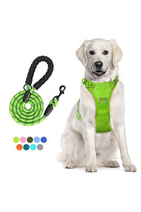 Poypet No Pull Dog Harness And 5 Feet Leash Set, Release On Neck Reflective Adjustable Pet Vest, Front Back 2 D-Ring And Soft Padded Pet Harness With Handle For Small To Large Dogs(Green,L)