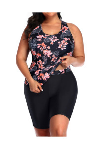 Daci Women Black And Flower Plus Size Two Piece Bathing Suit Racerback Tummy Control Swimsuit With Boyshort 22 Plus