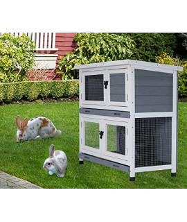 Recaceik 2 Story Rabbit Hutch, Wooden Small Animal Houses Habitats with Ventilation Doors and Pull Out Plastic Trays, Indoor Outdoor Pet House for Small Animals, Guinea Pig Cages, Duck Houses, Coop