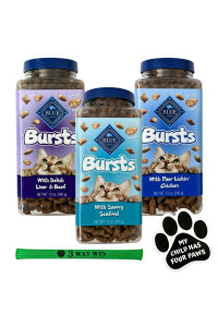 Blue Buffalo Cat Treats Variety Bundle | Includes 3 Flavors, (1) Each: Liver & Beef, Chicken, and Seafood (12 OZ.) | Plus Kitty Toy and Car Paw Magnet!