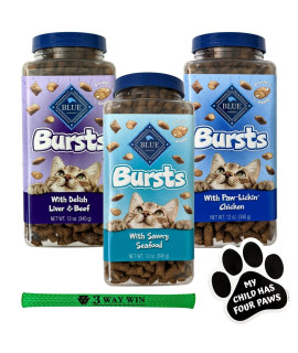 Blue Buffalo Cat Treats Variety Bundle | Includes 3 Flavors, (1) Each: Liver & Beef, Chicken, and Seafood (12 OZ.) | Plus Kitty Toy and Car Paw Magnet!