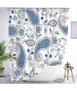 Decoreagy Bohemia Paisley Floral Shower Curtain,Boho Blue White Flower Bathroom Curtains,Lush Blooms Stall Bath Curtain With12 Hooks 72X72In,Waterproof Fabric