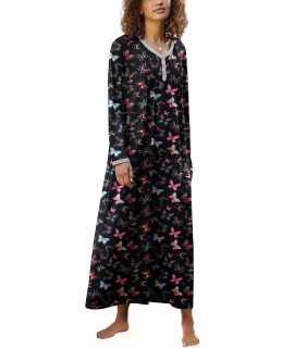 Ekouaer Long Nightgowns For Women Soft Night Gown Long Sleeve Sleepwear Victorian Loungewear Butterfly Print Small
