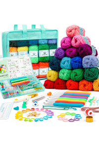 Inscraft Crochet Yarn Kit For Beginners Adults And Kids, Includes 1650 Yards 30 Colors Acrylic Skeins, User Manual, Hooks, Teal Bag Etc, Make Amigurumi Projects, Starter Set Professionals
