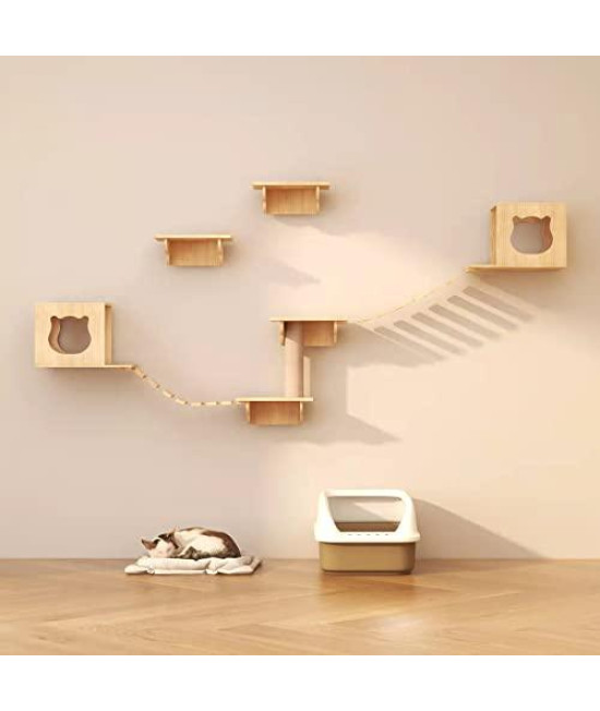 Wooden Cat Wall Tree Wall Board Mounts Cat Jumping Platform with 4 Cat Boards & 2 Cat Condos & 2 Ladders & 1 Cat Scratching Post