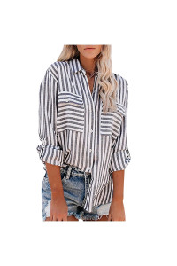 Womens Summer Fall Button Down Shirts 2022 Casual Trendy Long Sleeve Collared Striped Loose Cute Dressy Blouses Cute Tees Gray