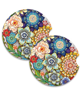 Nipichsha Car Coasters For Cup Holders, 2 Pack Absorbent Ceramic Car Cup Holder Coaster For Drinks, Cute Car Assecories For Women Men, Size 256 With Finger Notch Cork Base, Colorful Mandala02