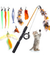 9 Pcs Cat Fishing Pole Toy, Retractable Cat Feather Toys With Cat Wand Plush Fish Worm Feathers With Bells Catnip Interactive Cat Teaser Toys For Kitten Cat