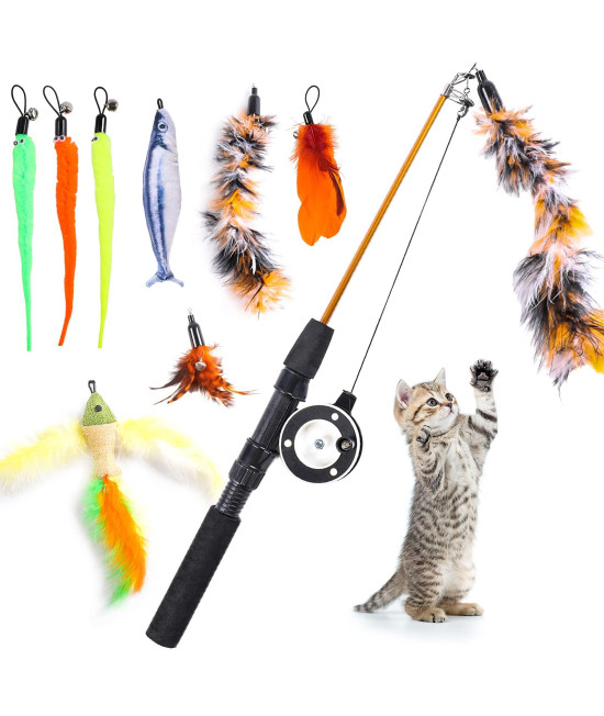 9 Pcs Cat Fishing Pole Toy, Retractable Cat Feather Toys With Cat Wand Plush Fish Worm Feathers With Bells Catnip Interactive Cat Teaser Toys For Kitten Cat